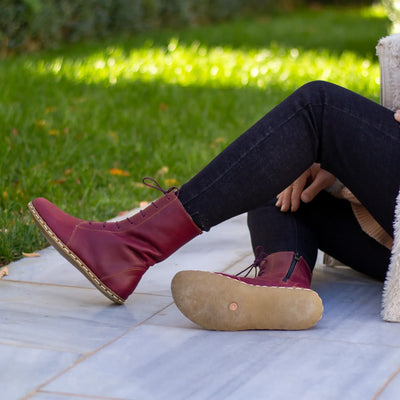 womens burgundy lace up barefoot grounding leather boots