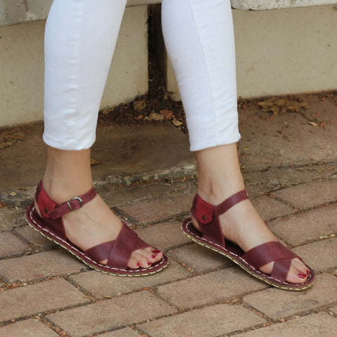 womens burgundy leather barefoot huarache sandals