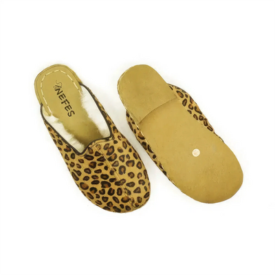 womens cozy slippers sheepskin yellow animal print