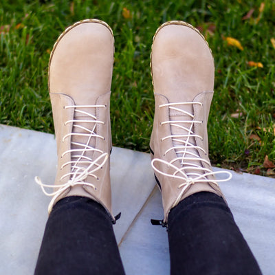 womens cream barefoot lace up stylish leather boots