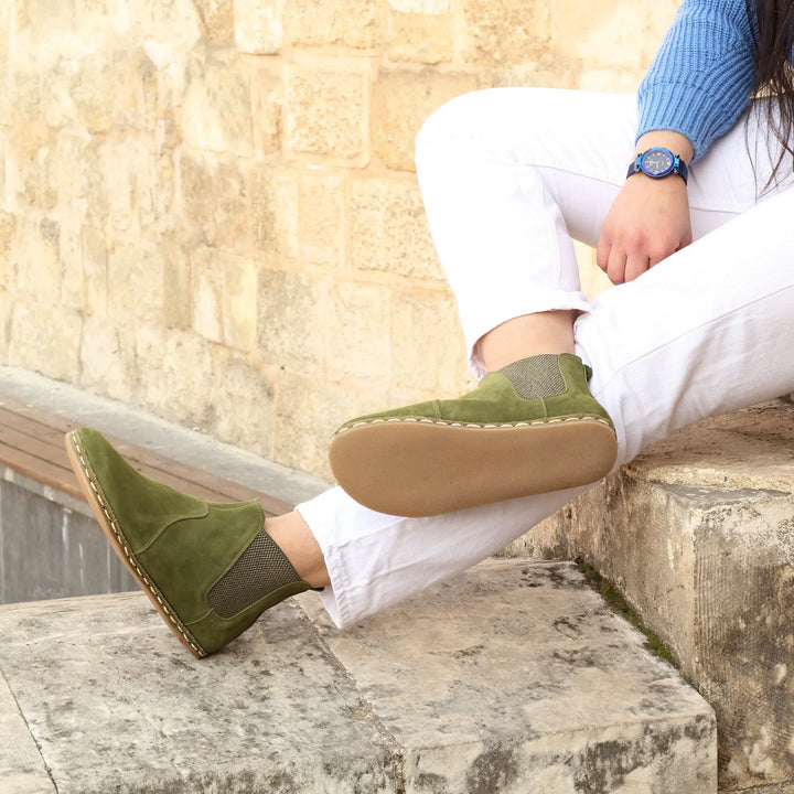 womens green chelsea barefoot handmade boots