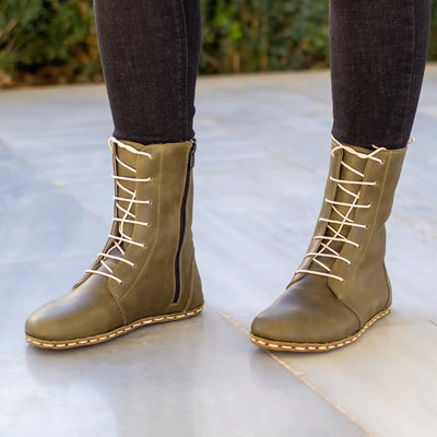 womens grounding barefoot olive green leather lace up boots