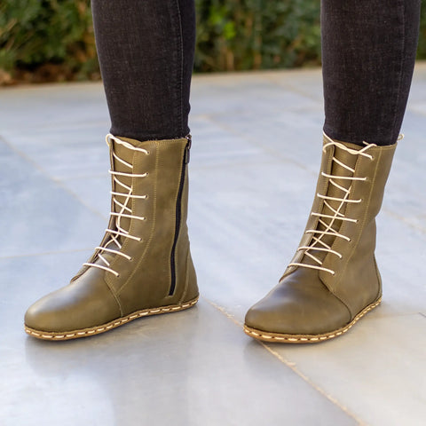 womens grounding barefoot olive green leather lace up boots