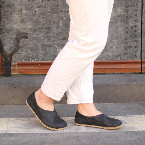 womens handmade black barefoot leather loafers