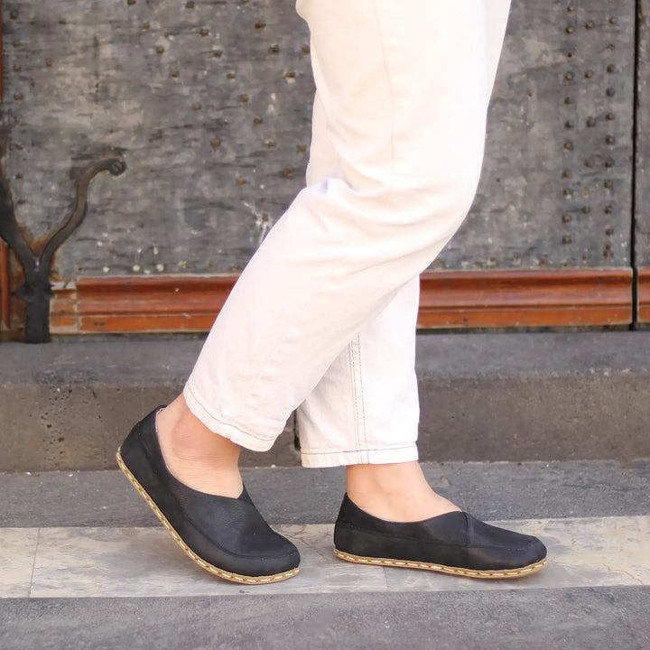womens handmade black barefoot leather loafers