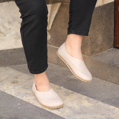womens handmade cream barefoot leather loafers