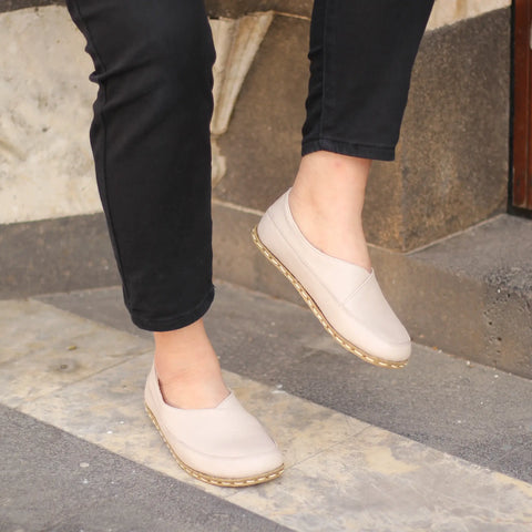 womens handmade cream barefoot leather loafers