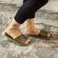 womens handmade olive green tape leather slippers