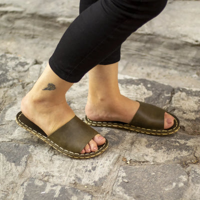 womens handmade olive green tape leather slippers