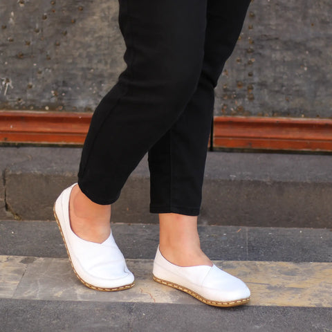 womens handmade white barefoot leather loafers