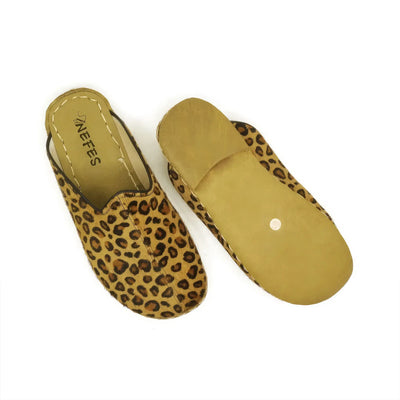 womens leather slippers closed toe yellow leopard design