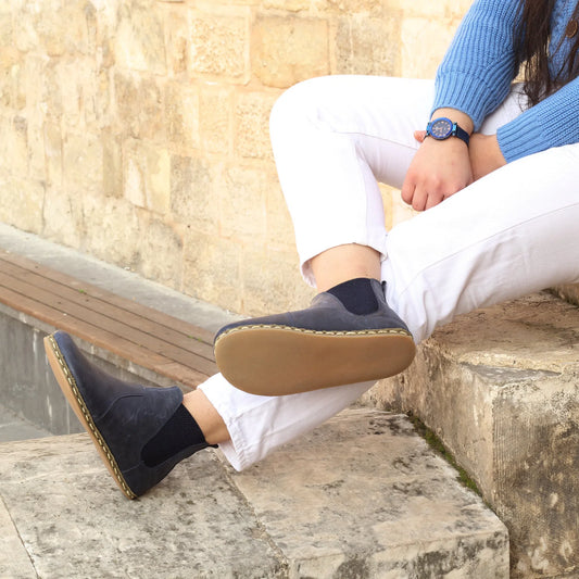 womens navy blue chelsea barefoot handmade boots