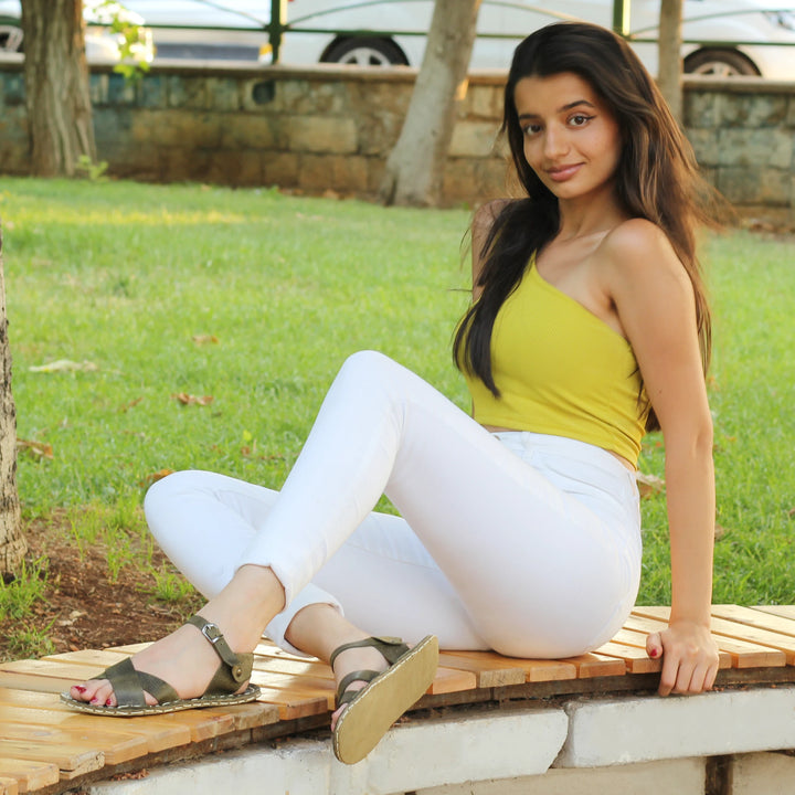 womens olive green leather barefoot huarache sandals