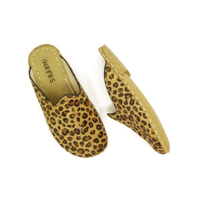 yellow leopard print closed toe leather slippers women