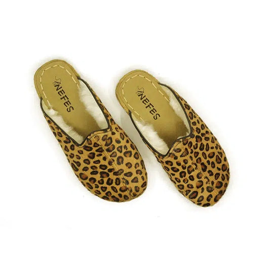 yellow leopard print sheepskin womens slippers