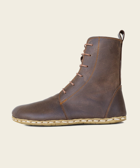 Barefoot Leather Lace-up Crazy Classic Brown Boots for Women - No Zipper!
