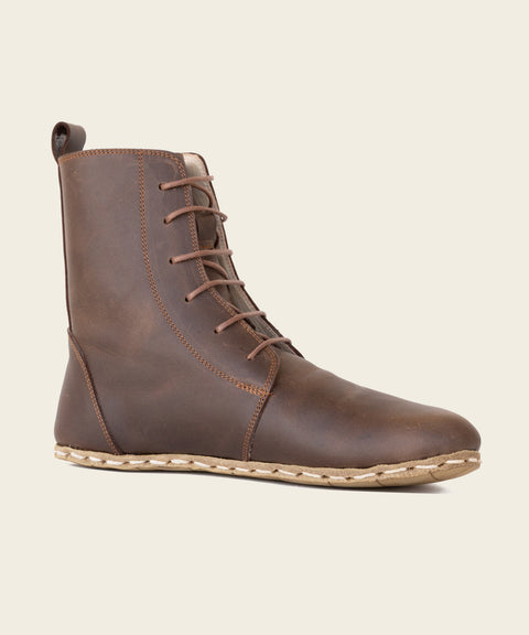 Barefoot Leather Lace-up Crazy Classic Brown Boots for Women - No Zipper!