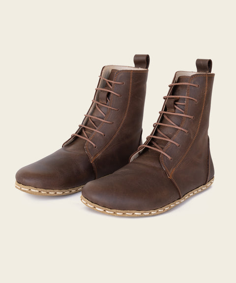 Barefoot Leather Lace-up Brown Boots for Men - No Zipper!