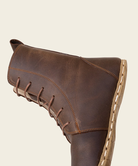 Barefoot Leather Lace-up Crazy Classic Brown Boots for Women - No Zipper!