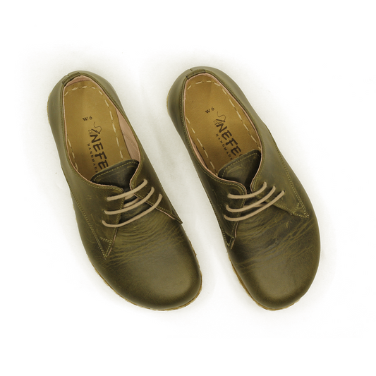 Military Green Leather Barefoot Shoes: Handmade Zero Drop Design