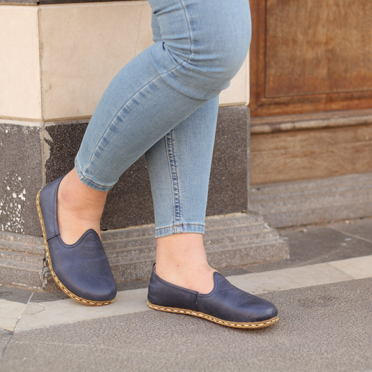 Navy Blue Barefoot Leather Shoes Flat for Women