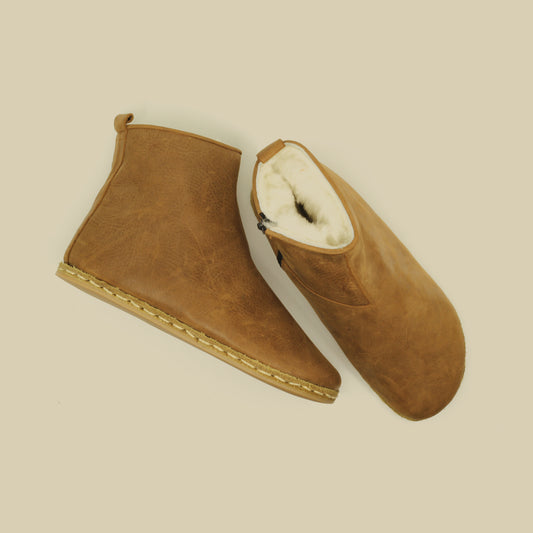 Fur Lining Handmade Barefoot Men's Boots Matte Brown-Nefes Shoes