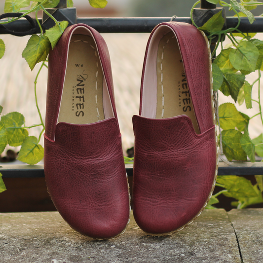 Burgundy Leather Handmade Barefoot Men's Loafer Shoes
