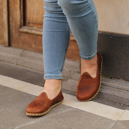 Brown Barefoot Leather Shoes Flat for Women-Nefes Shoes