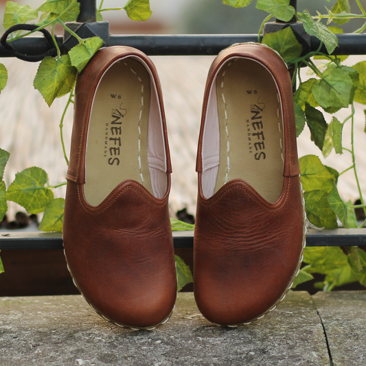 Barefoot Brown Leather Shoes: Handmade-Nefes Shoes