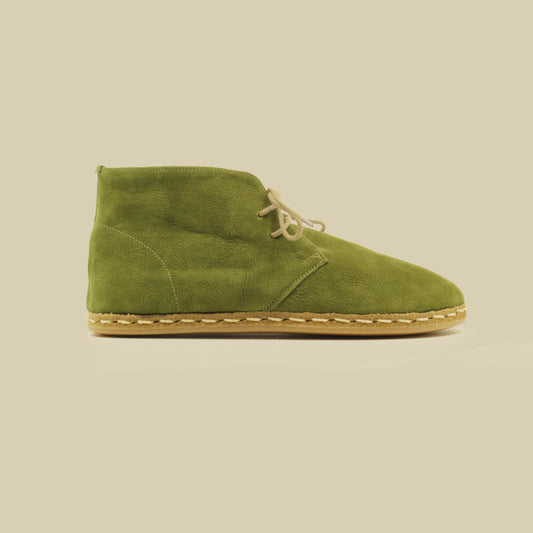 Oxford Ankle Barefoot all leather Women Boots - Green Nubuck - Zero Drop - Rubber Sole
