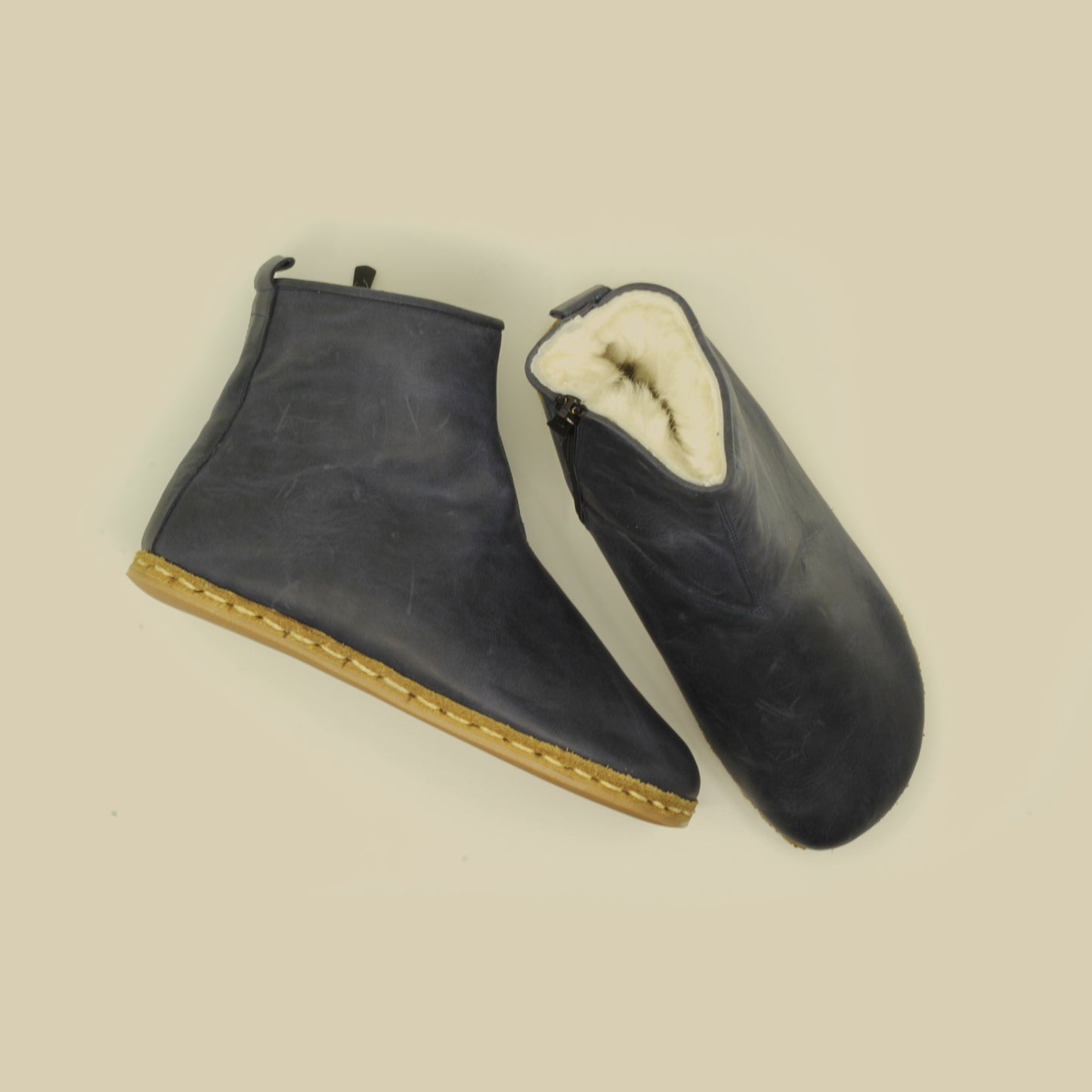 Men's Navy Blue Fur Barefoot Boot - Handmade Zero Drop Elegance