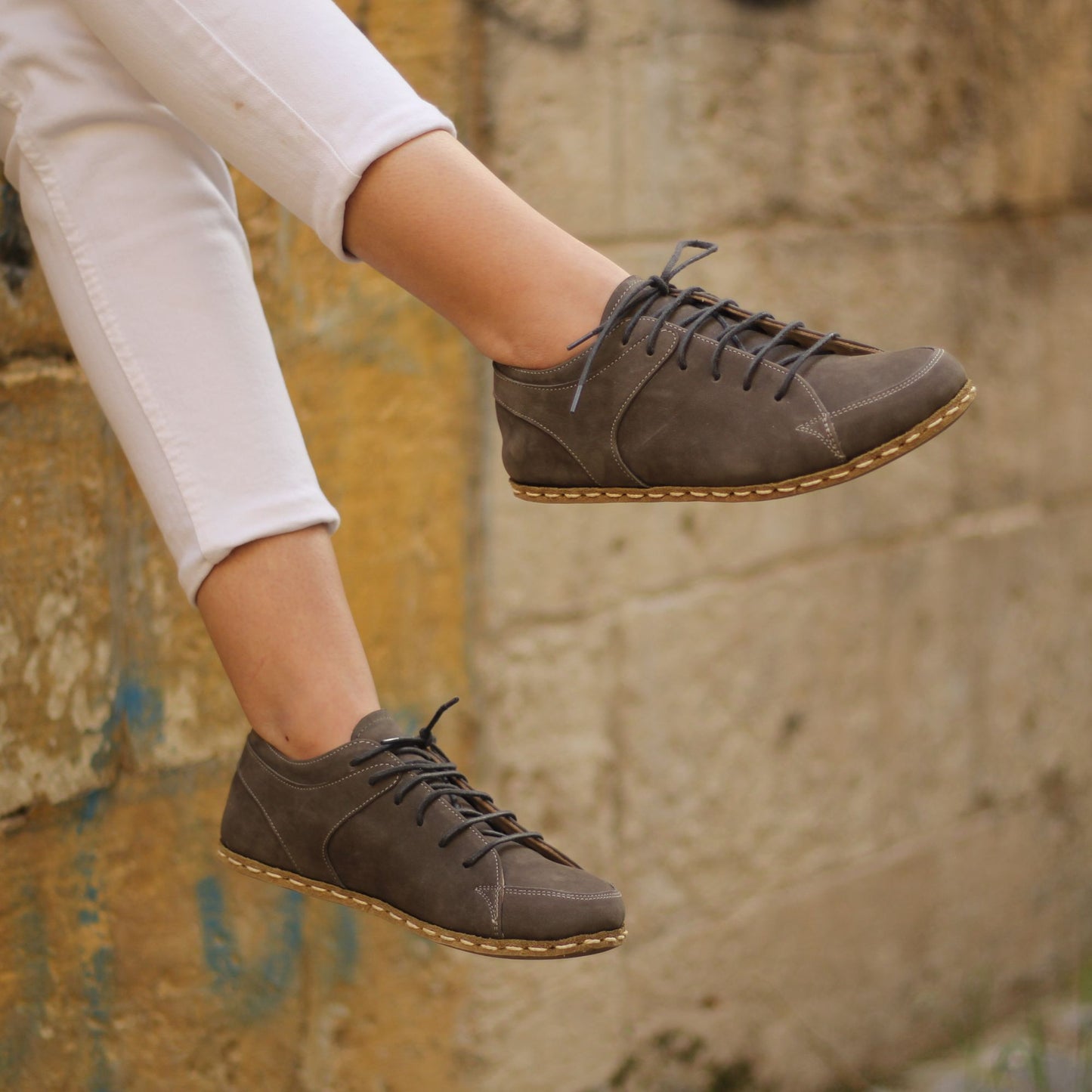 Gray Nubuck Leather Barefoot Sneakers for Women - Handmade, Rare Buffalo Leather