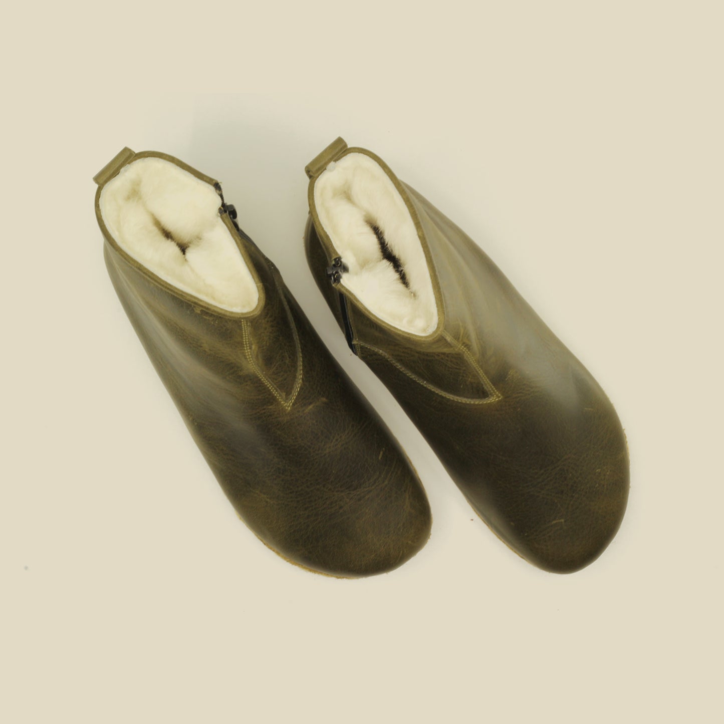 Fur Lining Handmade Barefoot Men's Boots Olive Green
