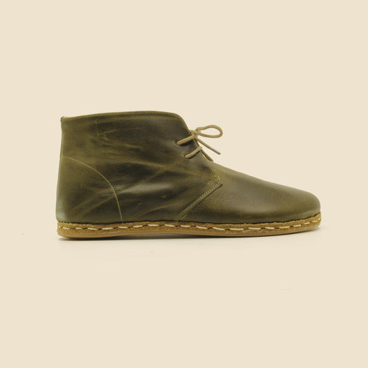 Men's Handmade Barefoot Boot - Military Green Leather with Zero Drop