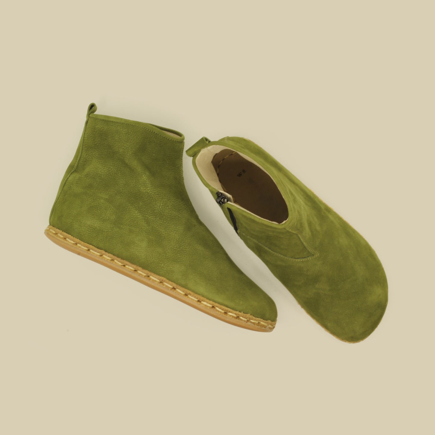 Green Nubuck Ankle Boots with Zipper: A Barefoot Odyssey with Zero Drop and Rubber Sole