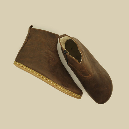 Handmade Crazy Brown Zippered Boot (Zero Drop Sole)