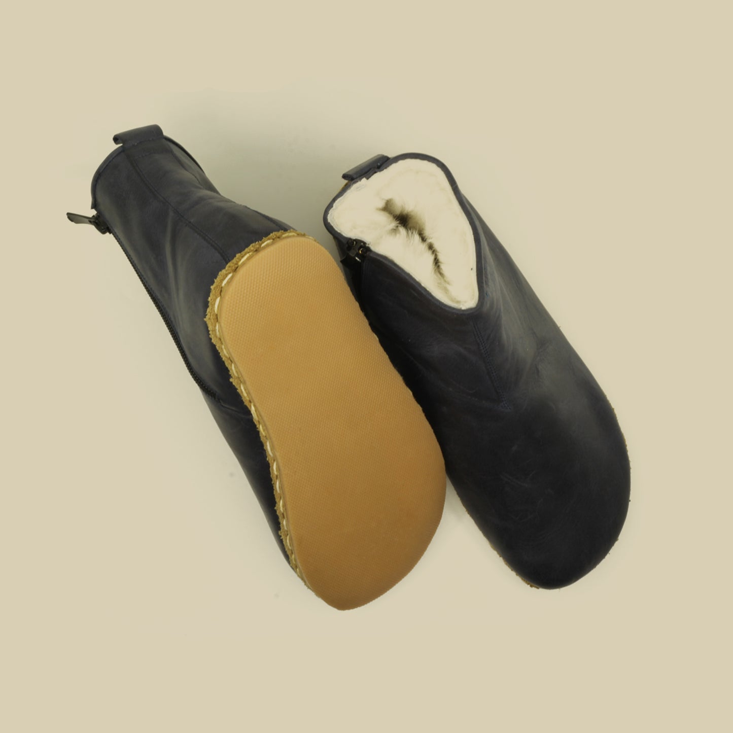 Men's Navy Blue Fur Barefoot Boot - Handmade Zero Drop Elegance