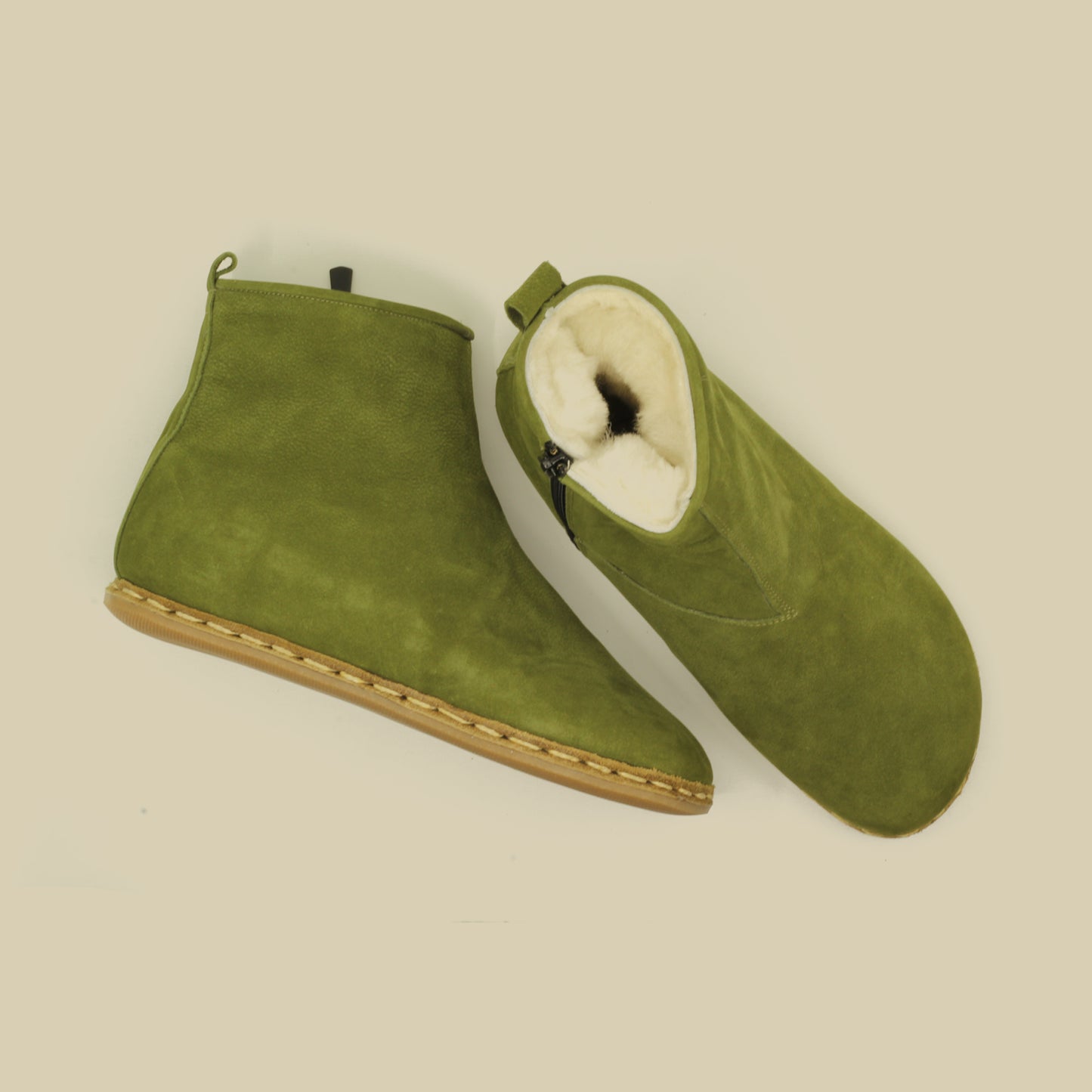 Shearling Ankle Barefoot Women Boots - Green Nubuck - Zero Drop - Rubber Sole