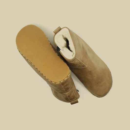 Fur Lining Handmade Barefoot Men's Boots Light Brown