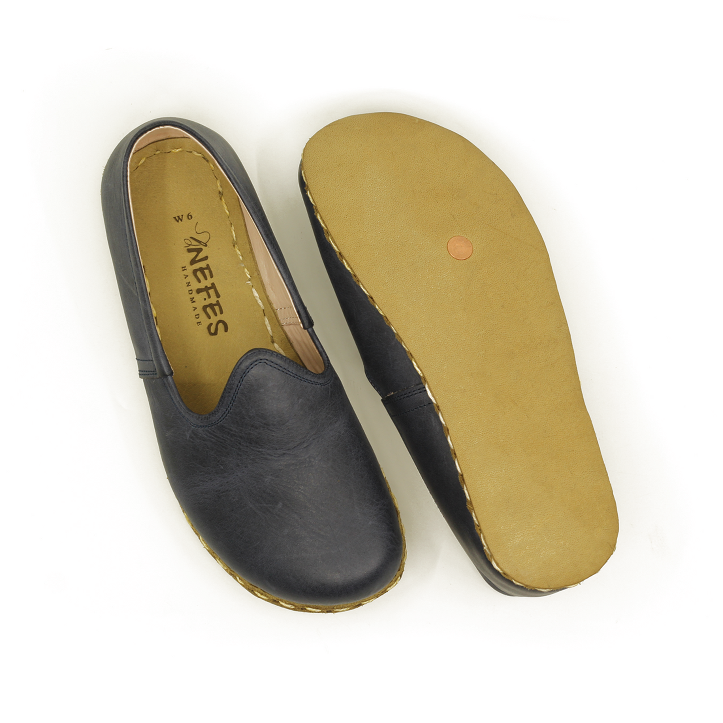 Handmade Women's Shoes: Navy Blue Genuine Leather with Wide Front and Buffalo Leather Sole - Made in Turkey