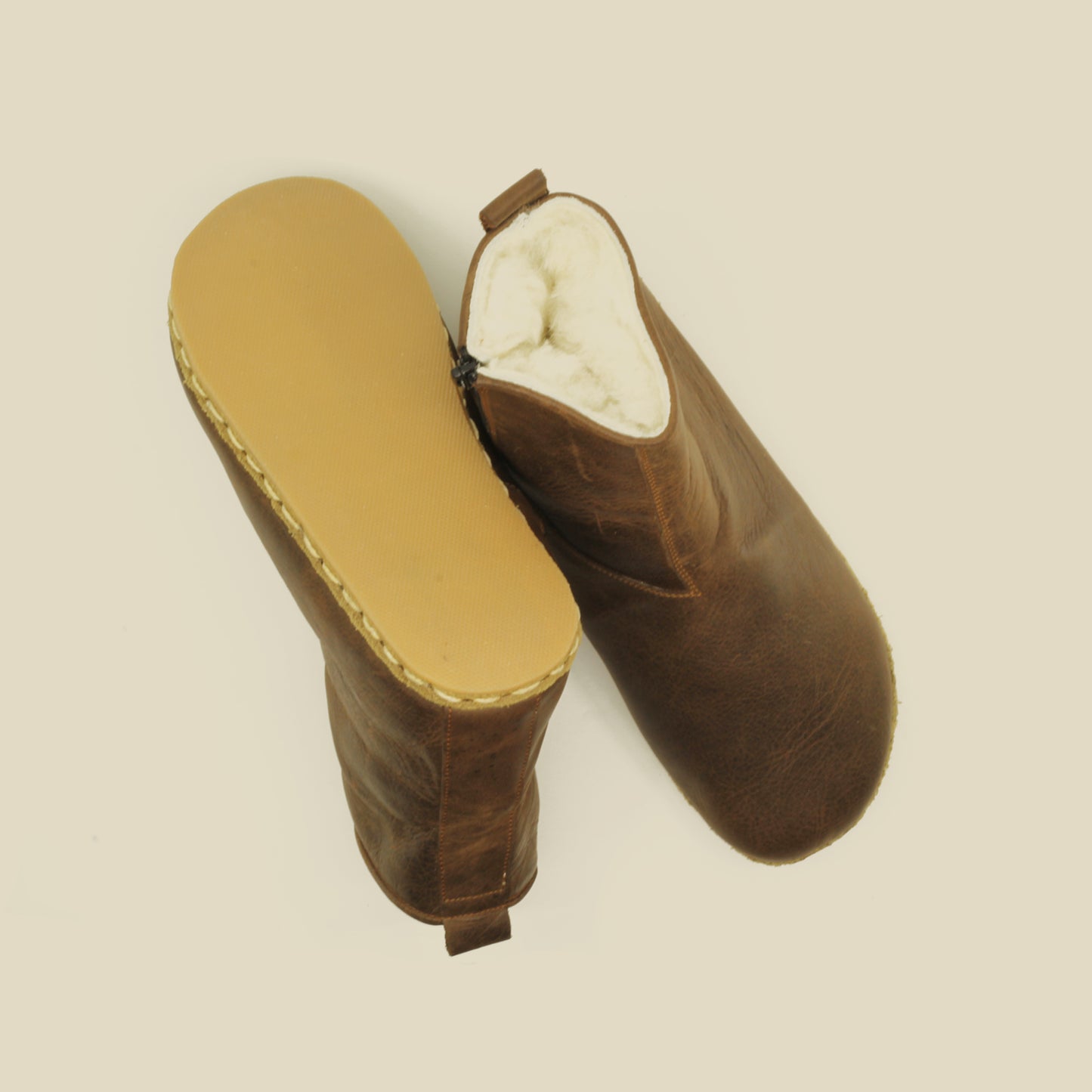 Fur Boot Men, Ankle Barefoot With Zipper - Crazy Brown - Zero Drop - Rubber Sole