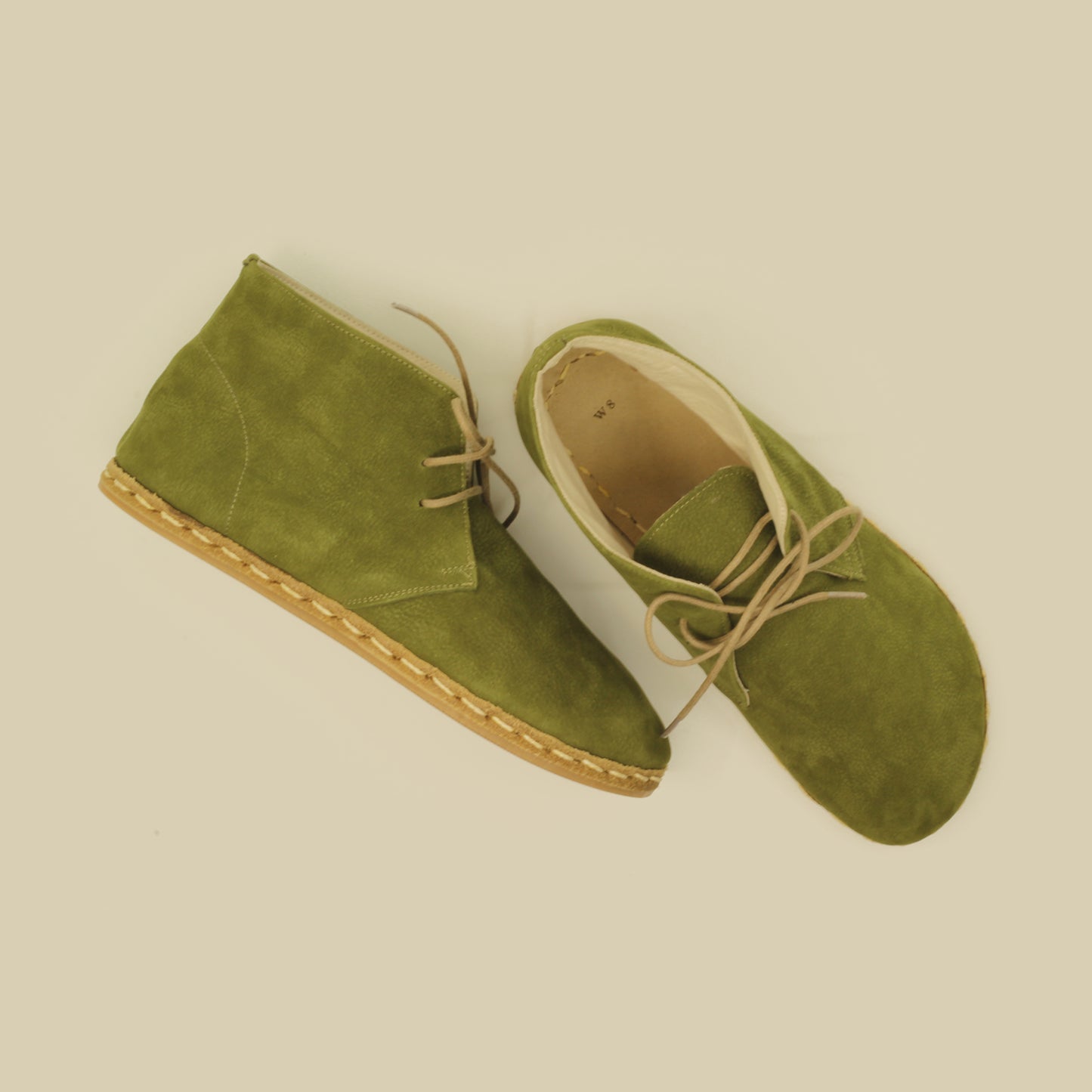 Oxford Ankle Barefoot all leather Women Boots - Green Nubuck - Zero Drop - Rubber Sole