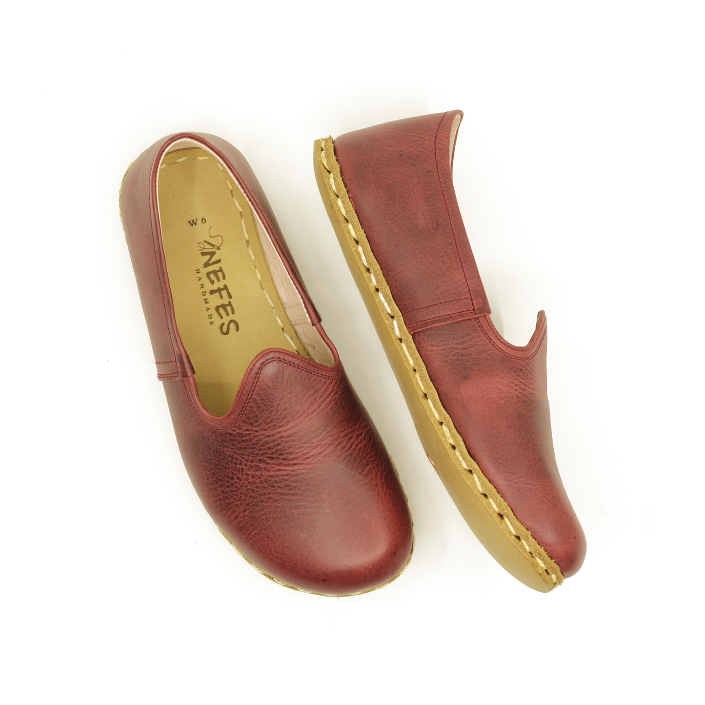 Handmade Turkish Yemeni Shoes in Crazy Claret Red Leather with Wide Front
