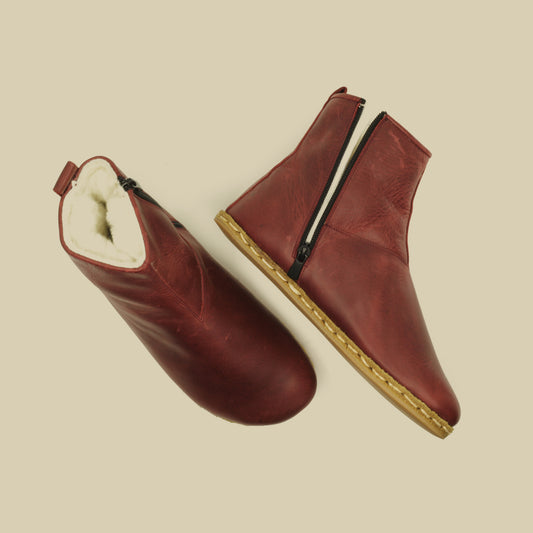 Handmade Men's Burgundy Fur Barefoot Boot (Zero Drop Luxury)