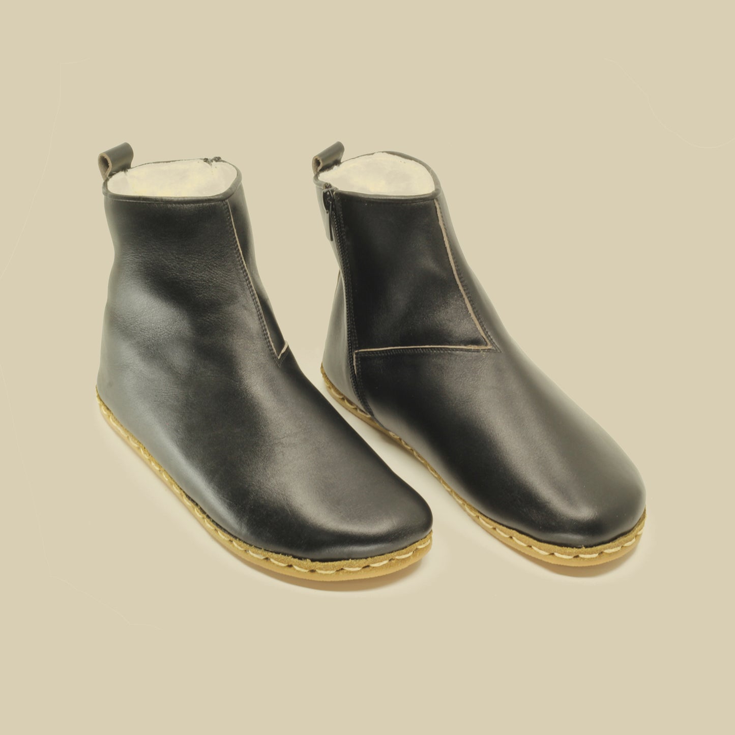 Fur Boot Men, Ankle Barefoot With Zipper - Black - Zero Drop - Rubber Sole