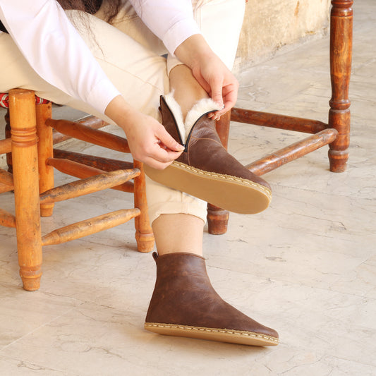 Crazy Brown Shearling Barefoot Ankle Boots for Women - Handmade Zero Drop with Tuscan Fur