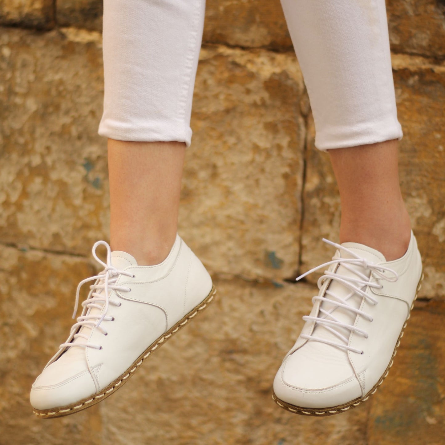Elegant White Leather Barefoot Sneakers for Women - Handmade, Zero Drop