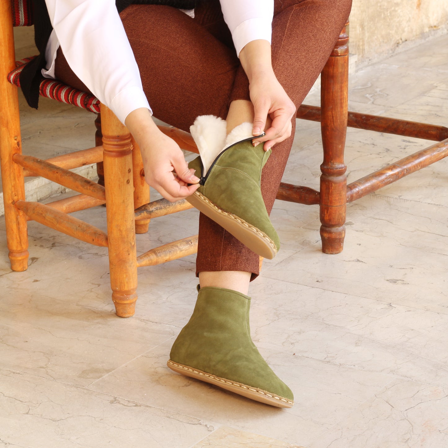 Shearling Barefoot Ankle Boots for Women - Handmade Green Nubuck Leather with Zero Drop Sole