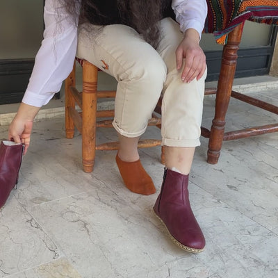 Barefoot Hiking Leather Boots Women's Burgundy