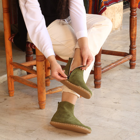 Green Nubuck Ankle Boots with Zipper: A Barefoot Odyssey with Zero Drop and Rubber Sole